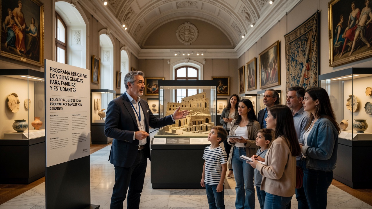 Grupo de visitantes guiados en sala de museo con explicación detallada de obra