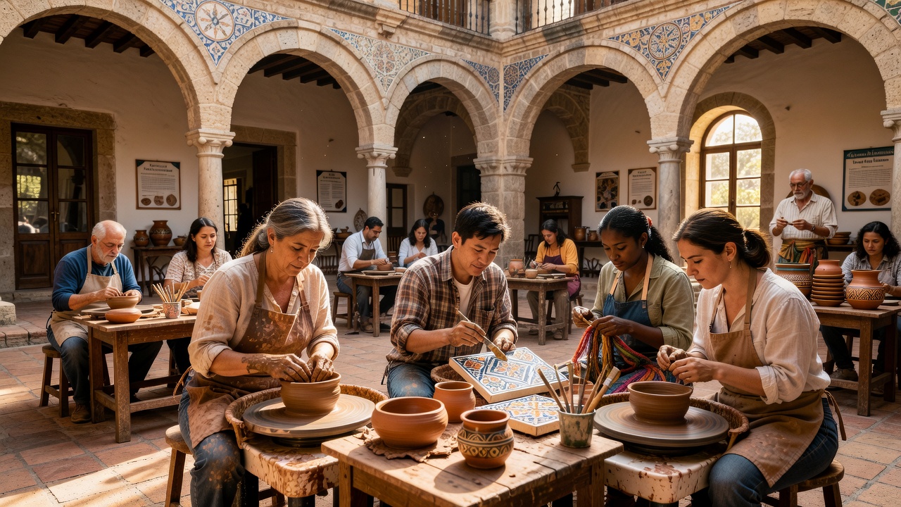 Manos de artesano trabajando azulejos tradicionales en taller de restauración